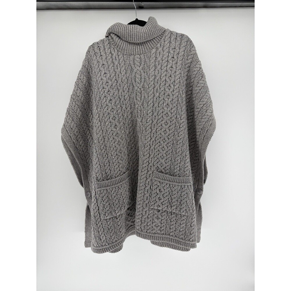Aran Crafts Merino Wool Turtleneck Poncho Pockets Gray  Cable Knit  A465442 L